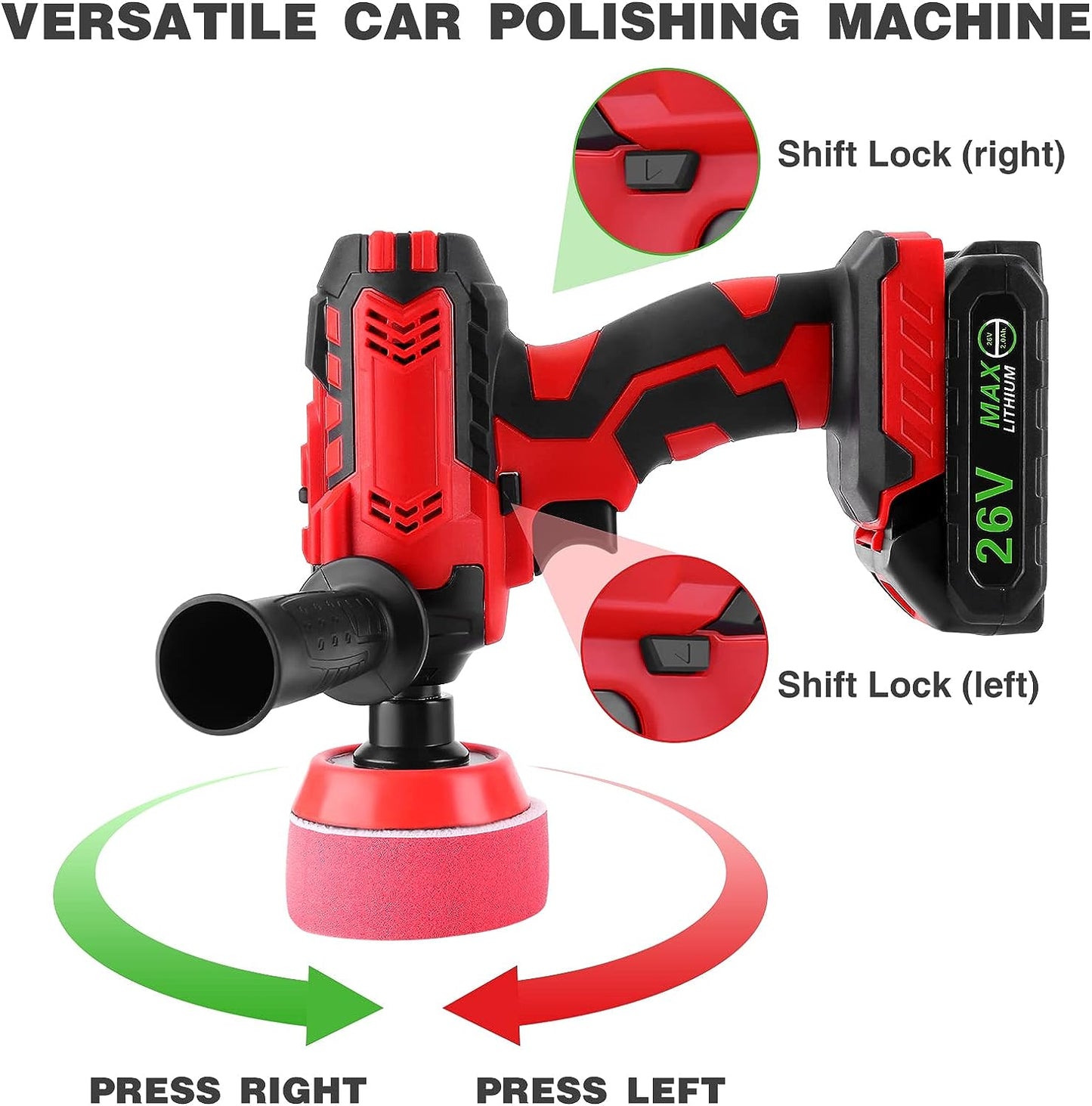 EWLSAC 26V Cordless Buffer Polisher for Car With 2PCS 2.0Ah Lhium-Ionm Variable Speeds Detachable Handles for Polishing Sanding Waxing