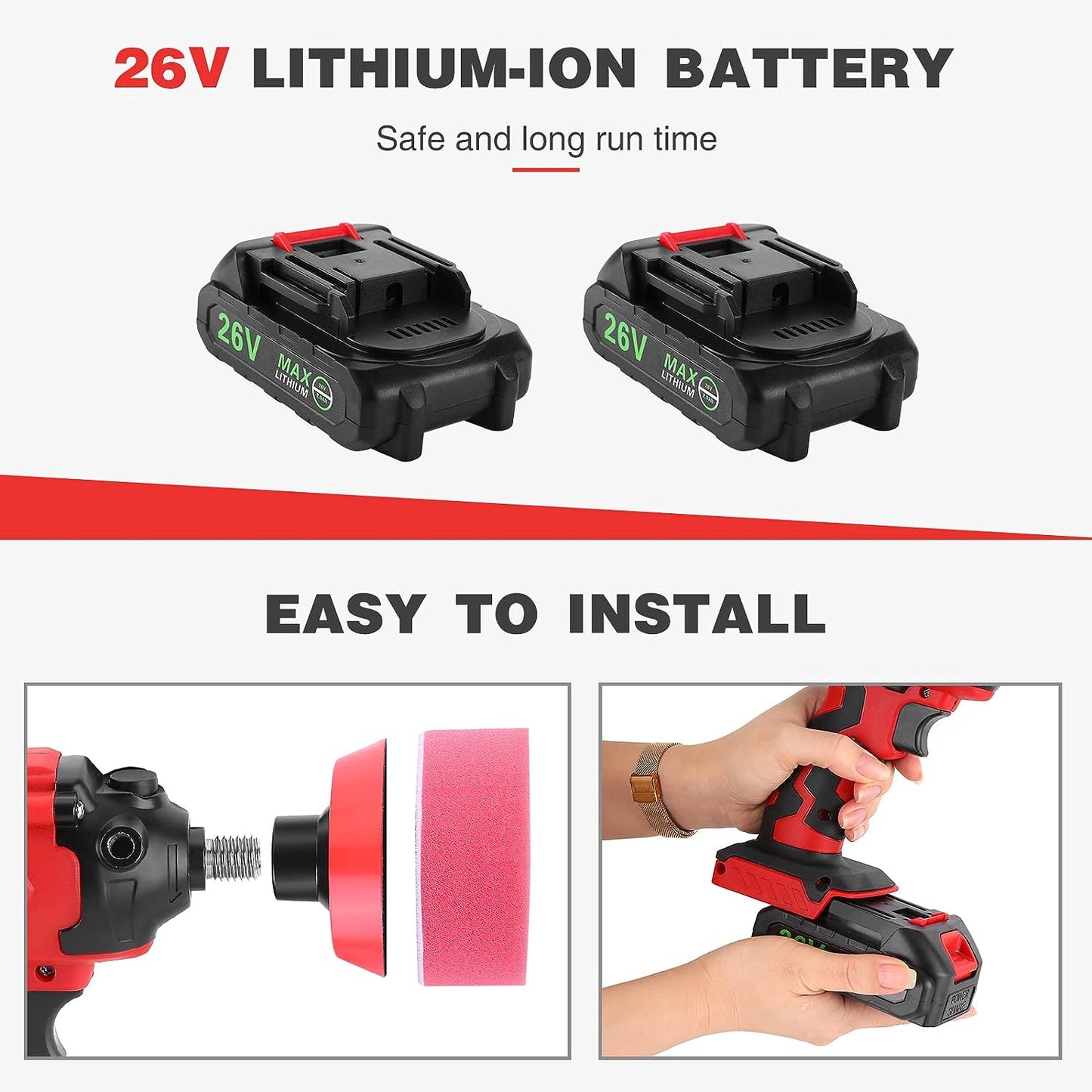 EWLSAC 26V Cordless Buffer Polisher for Car With 2PCS 2.0Ah Lhium-Ionm Variable Speeds Detachable Handles for Polishing Sanding Waxing