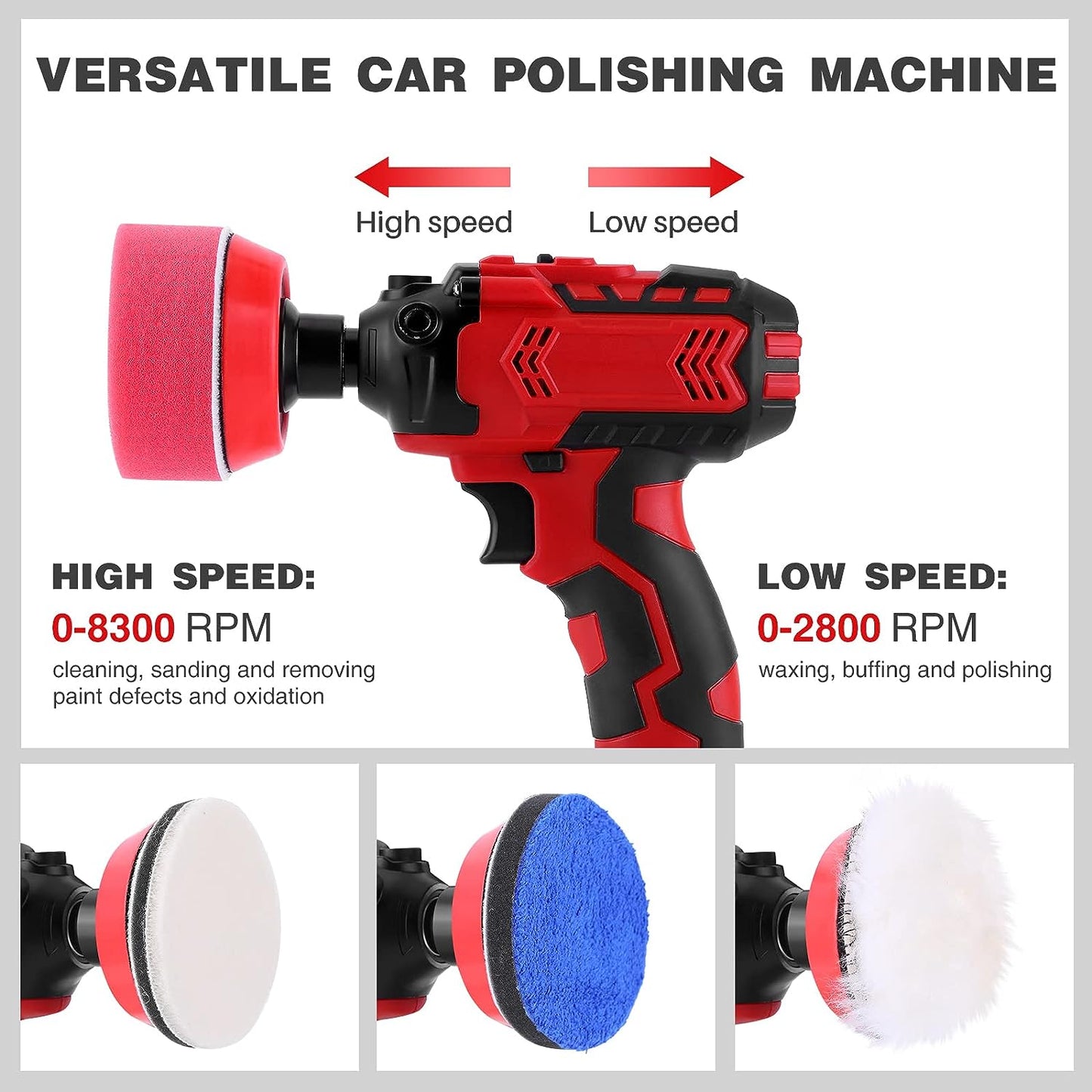 EWLSAC 26V Cordless Buffer Polisher for Car With 2PCS 2.0Ah Lhium-Ionm Variable Speeds Detachable Handles for Polishing Sanding Waxing