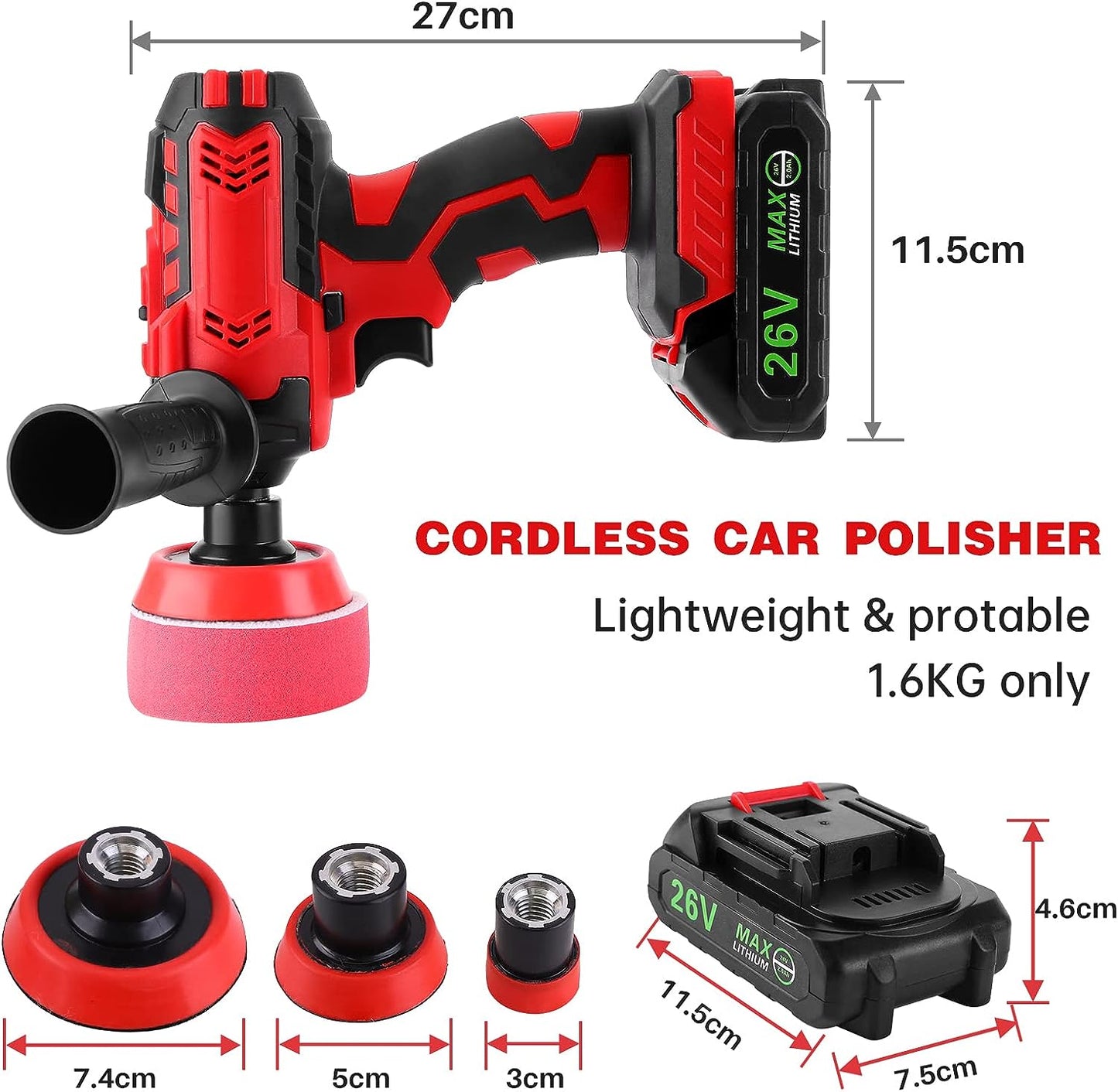 EWLSAC 26V Cordless Buffer Polisher for Car With 2PCS 2.0Ah Lhium-Ionm Variable Speeds Detachable Handles for Polishing Sanding Waxing